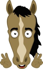 Vector illustration of the face of a cartoon horse, with a happy expression, making the classic gesture of love and peace or v victory with his hands
