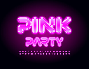 Vector decorative flyer Pink Party. Unique Neon Font. Electric Alphabet Letters and Numbers set