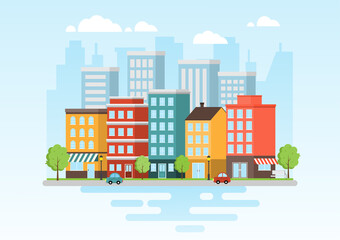 Urban landscape with colorful riverside buildings. Cityscape flat design with street and cars by the lake. Vector Illustration.
