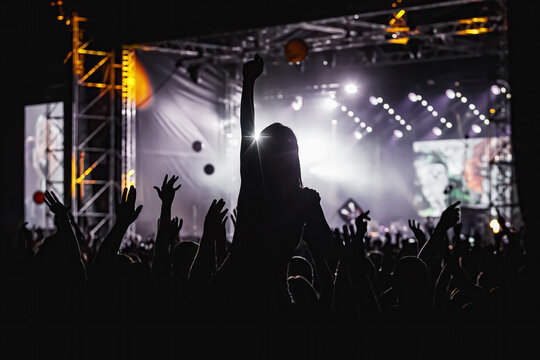 Black silhouette of crowd at concert - enjoy summer music festival.