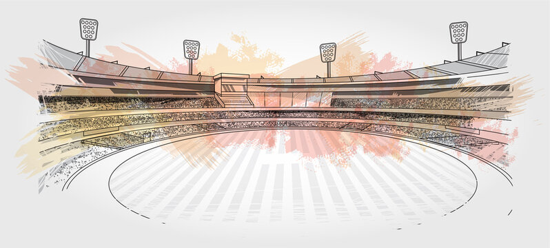 Cricket stadium line drawing illustration vector. Playground sketch with colorful brush stroke.