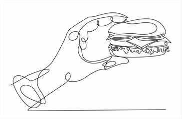 Continuous one line drawing of Hand holding a burger. Hamburger or sandwich outline sketch. Fast food concept. Vector illustration.