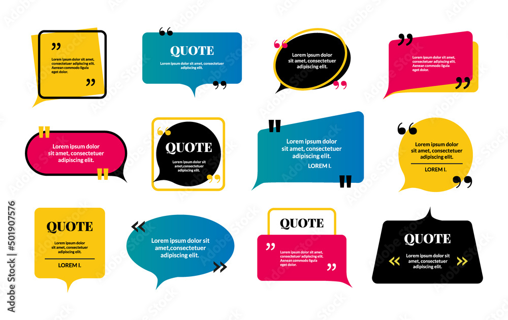 Poster Text bubble. Modern message with frame. Citation borders with commas and copy space. Saying quotation isolated textboxes. Opinion phrase and comment quoting. Vector quote stickers set