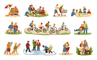 Happy family people. Grandparents and grandchildren on party. Senior characters together with adult sons daughters. Flat collection of elderly persons activities. Vector vacation scene set