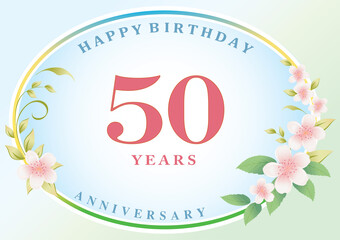 Anniversary 50 years, birthday card with floral pattern on a multicolor delicate background in an oval with congratulations text. Vector illustration