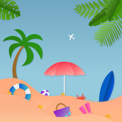 Fototapeta na wymiar Hello Summer in paper cut style. Summer time. Palm trees and beach with umbrella, swimming ring, sunglasses, surfboard. Can be used for many purposes.