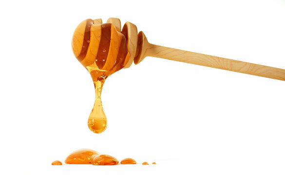 Fresh honey dripping from wooden honey dipper on white background - 3D illustration	