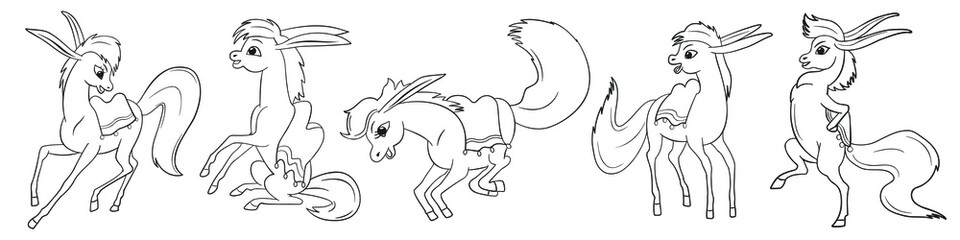 Little humpbacked horse, set of contour cartoon drawings, isolated on white background, contour illustration