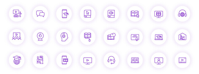 e learning purple color outline icons on light round buttons with purple shadow. e learning icon set for web, mobile apps, ui design and print