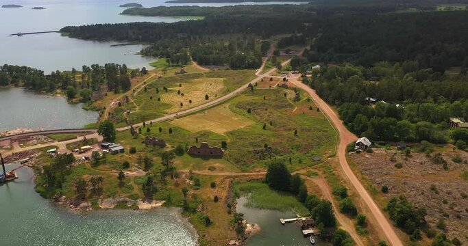 Aerial view overlooking the Bomarsund castle ruins, in Ahvenanmaa, Finland - descending, drone shot