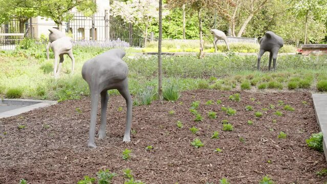 Flock of ostrich sculptures with head in the ground in a Belgian city park. Concept of denial