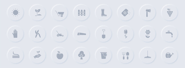 garden gray glyph icons on round rubber buttons. garden vector icons for web, mobile apps, ui design and promo business polygraphy