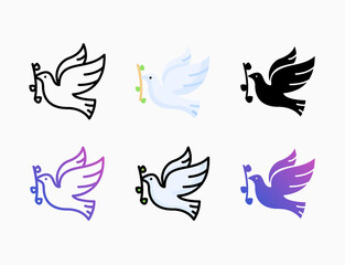 Dove icon set with different styles. Style line, outline, flat, glyph, color, gradient. Editable stroke and pixel perfect. Can be used for digital product, presentation, print design and more.