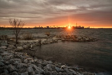 The morning sunlight peeks through the buildings of Toronto as seen from Humber Bay Shores Park.