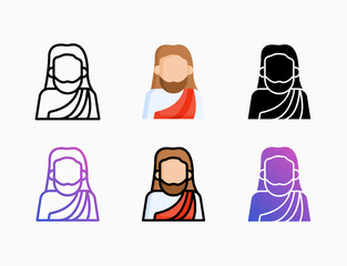 Jesus icon set with different styles. Style line, outline, flat, glyph, color, gradient. Editable stroke and pixel perfect. Can be used for digital product, presentation, print design and more.