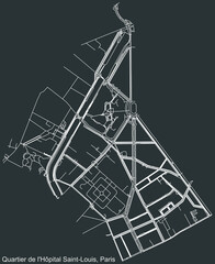 Detailed negative navigation white lines urban street roads map of the HÔPITAL-SAINT-LOUIS QUARTER of the French capital city of Paris, France on dark gray background