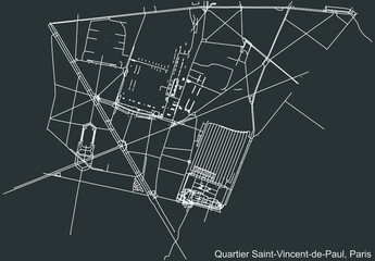 Detailed negative navigation white lines urban street roads map of the SAINT-VINCENT-DE-PAUL QUARTER of the French capital city of Paris, France on dark gray background