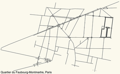 Fototapeta premium Detailed navigation black lines urban street roads map of the FAUBOURG-MONTMARTRE QUARTER of the French capital city of Paris, France on vintage beige background