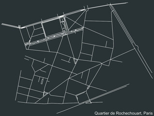 Detailed negative navigation white lines urban street roads map of the ROCHECHOUART QUARTER of the French capital city of Paris, France on dark gray background