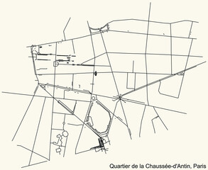 Detailed navigation black lines urban street roads map of the CHAUSSÉE-D'ANTIN QUARTER of the French capital city of Paris, France on vintage beige background