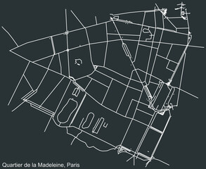 Detailed negative navigation white lines urban street roads map of the LA MADELEINE QUARTER of the French capital city of Paris, France on dark gray background