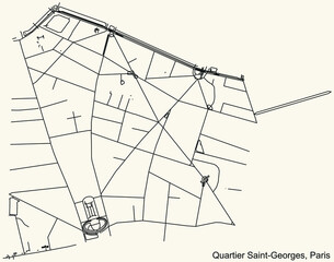 Detailed navigation black lines urban street roads map of the SAINT-GEORGES QUARTER of the French capital city of Paris, France on vintage beige background