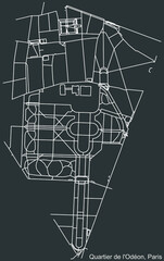 Obraz premium Detailed negative navigation white lines urban street roads map of the ODÉON QUARTER of the French capital city of Paris, France on dark gray background
