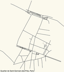 Fototapeta na wymiar Detailed navigation black lines urban street roads map of the SAINT-GERMAIN-DES-PRÉS QUARTER of the French capital city of Paris, France on vintage beige background