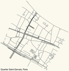 Detailed navigation black lines urban street roads map of the SAINT-GERVAIS QUARTER of the French capital city of Paris, France on vintage beige background