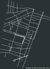Detailed negative navigation white lines urban street roads map of the BONNE-NOUVELLE QUARTER of the French capital city of Paris, France on dark gray background