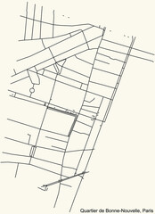 Detailed navigation black lines urban street roads map of the BONNE-NOUVELLE QUARTER of the French capital city of Paris, France on vintage beige background
