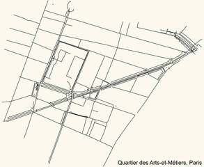 Detailed navigation black lines urban street roads map of the ARTS-ET-MÉTIERS QUARTER of the French capital city of Paris, France on vintage beige background