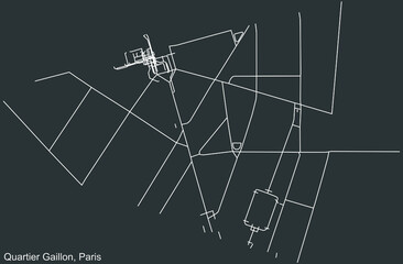 Detailed negative navigation white lines urban street roads map of the GAILLON QUARTER of the French capital city of Paris, France on dark gray background