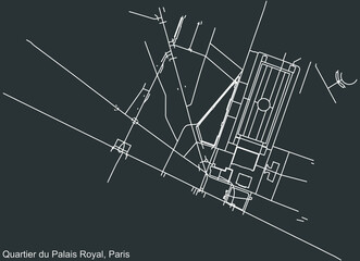 Detailed negative navigation white lines urban street roads map of the PALAIS-ROYAL QUARTER of the French capital city of Paris, France on dark gray background