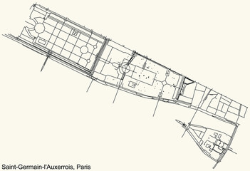 Detailed navigation black lines urban street roads map of the SAINT-GERMAIN-L'AUXERROIS QUARTER of the French capital city of Paris, France on vintage beige background