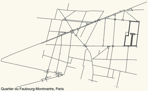 Detailed navigation black lines urban street roads map of the FAUBOURG-MONTMARTRE QUARTER of the French capital city of Paris, France on vintage beige background