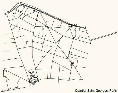 Detailed navigation black lines urban street roads map of the SAINT-GEORGES QUARTER of the French capital city of Paris, France on vintage beige background