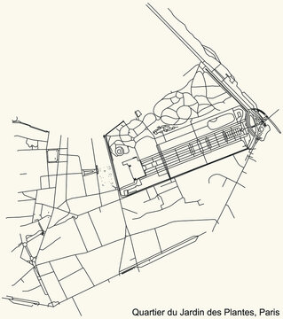 Detailed navigation black lines urban street roads map of the JARDIN-DES-PLANTES QUARTER of the French capital city of Paris, France on vintage beige background