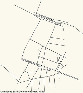 Detailed navigation black lines urban street roads map of the SAINT-GERMAIN-DES-PR&Eacute;S QUARTER of the French capital city of Paris, France on vintage beige background