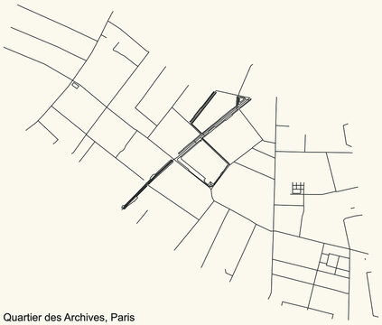Detailed navigation black lines urban street roads map of the ARCHIVES QUARTER of the French capital city of Paris, France on vintage beige background