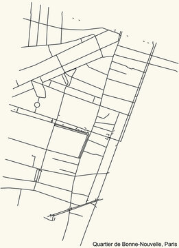 Detailed navigation black lines urban street roads map of the BONNE-NOUVELLE QUARTER of the French capital city of Paris, France on vintage beige background