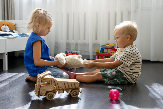 kids are fighting over a toy. conflict between sister and brother. sibling relationships