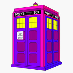 Illustration of an old blue London police box, city. Vector