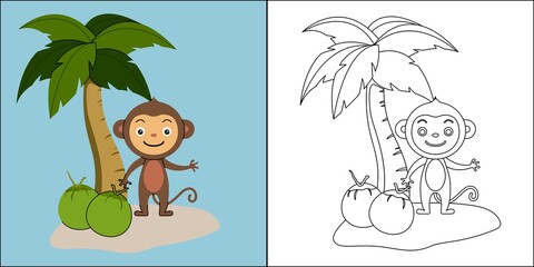 Cute monkey with coconut suitable for children's coloring page vector illustration