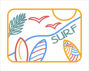 Fototapeta na wymiar The linear logo of the surfing club. Vector symbol illustration design, surfboard, minimal label design