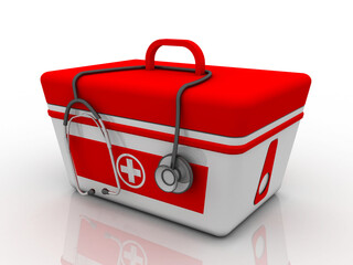 3d rendering First aid kit with Stethoscope