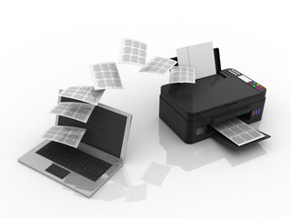 3d illustration document sharing laptop to Generic inkjet printer CMYK cartridges
