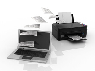 3d illustration document sharing laptop to Generic inkjet printer CMYK cartridges
