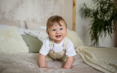 Fototapeta premium a cheerful little boy in a beige jumpsuit crawls on the bed in the room. Learn to crawl