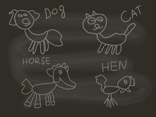 Childlike funny doodle vector design. Dog, cat, hen and horse with scribbles. Chalk drawn set on blackboard
